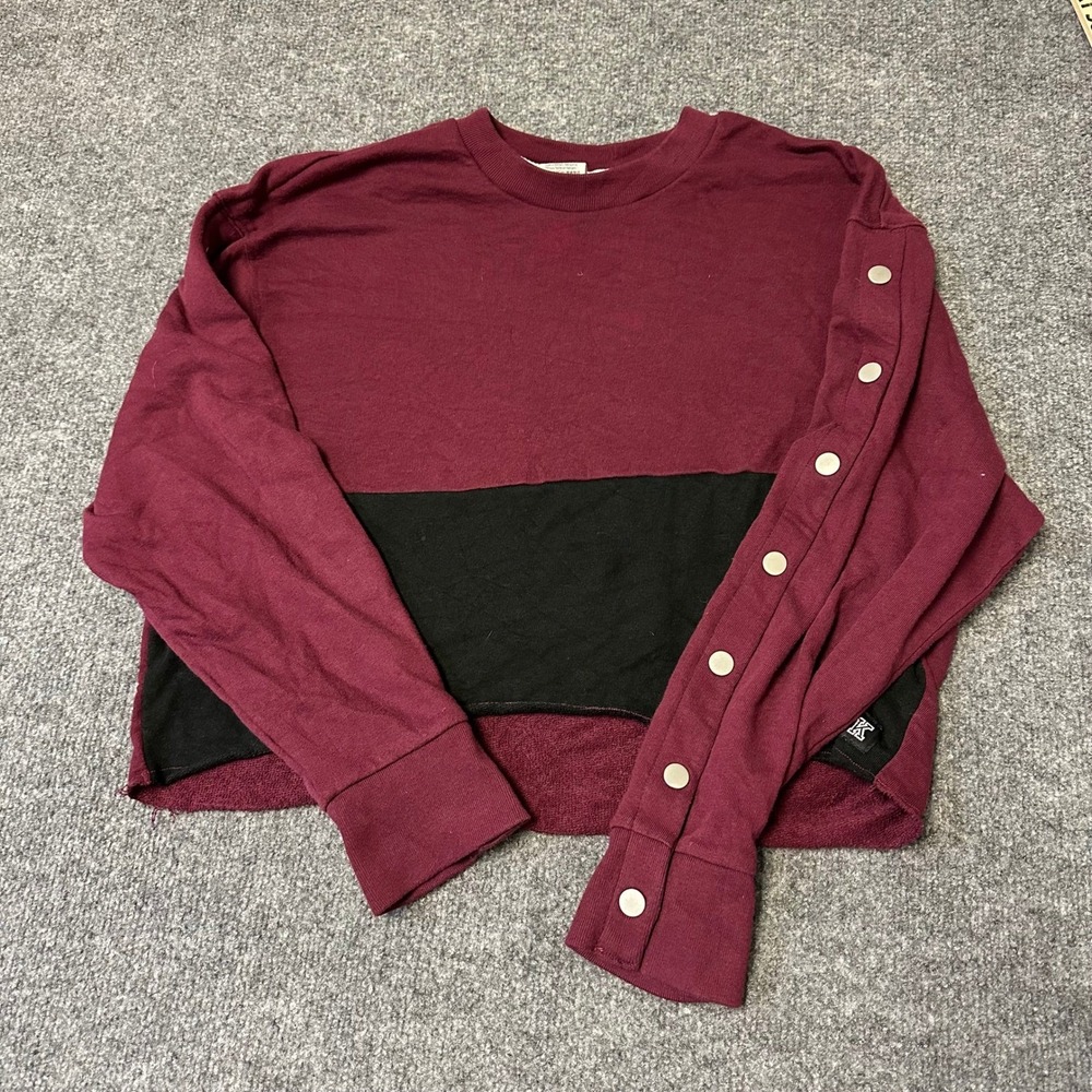 Pink Victoria's Secret Sweatshirt Womens Size S Burgundy Black Snap Sleeve Crop
